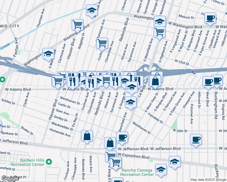 map of restaurants, bars, coffee shops, grocery stores, and more near 2605 South Sycamore Avenue in Los Angeles