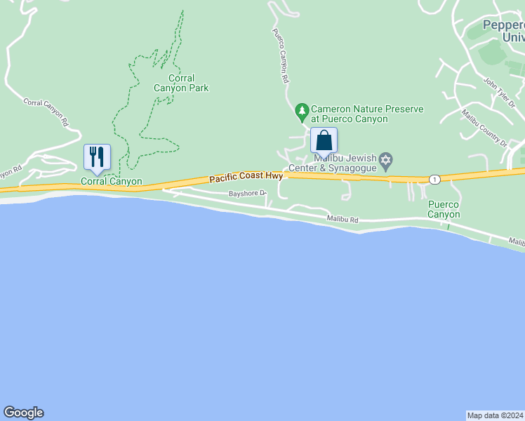 map of restaurants, bars, coffee shops, grocery stores, and more near 25250 Malibu Road in Malibu