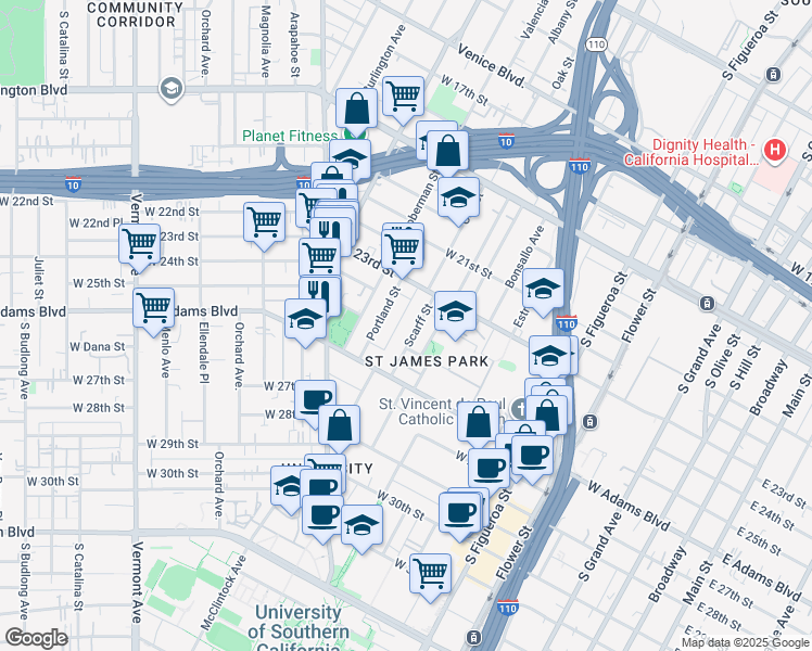 map of restaurants, bars, coffee shops, grocery stores, and more near 2355 Scarff Street in Los Angeles