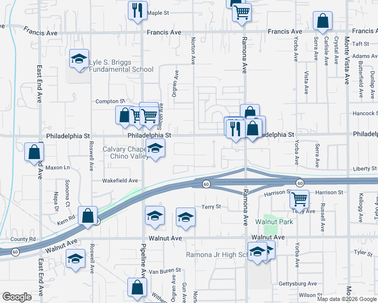 map of restaurants, bars, coffee shops, grocery stores, and more near 4282 Lombardy Street in Chino