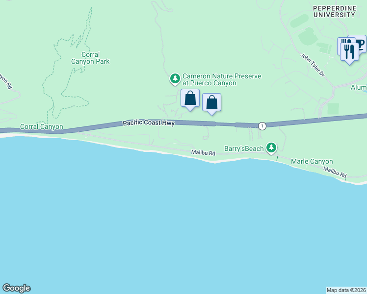 map of restaurants, bars, coffee shops, grocery stores, and more near 25124 Malibu Road in Malibu