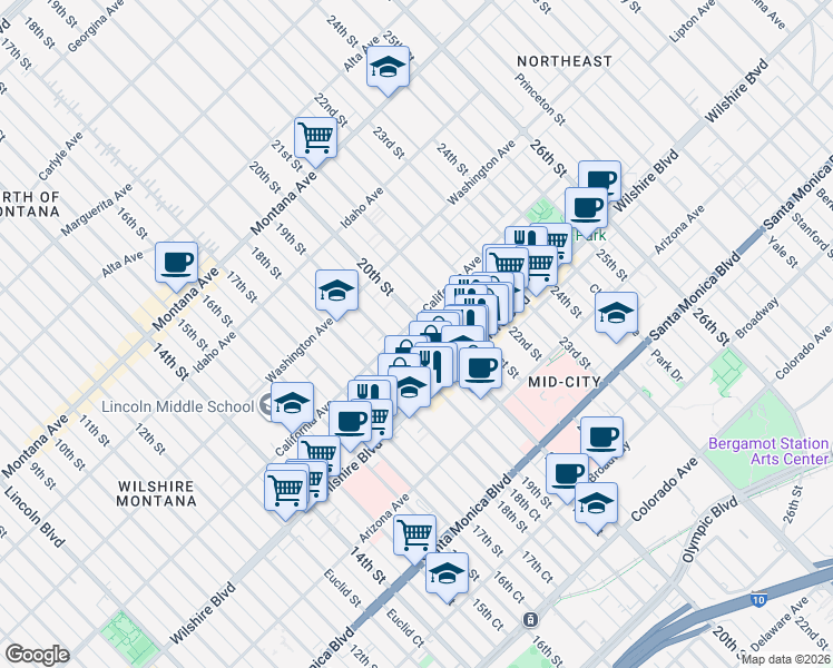 map of restaurants, bars, coffee shops, grocery stores, and more near 1110 20th Street in Santa Monica