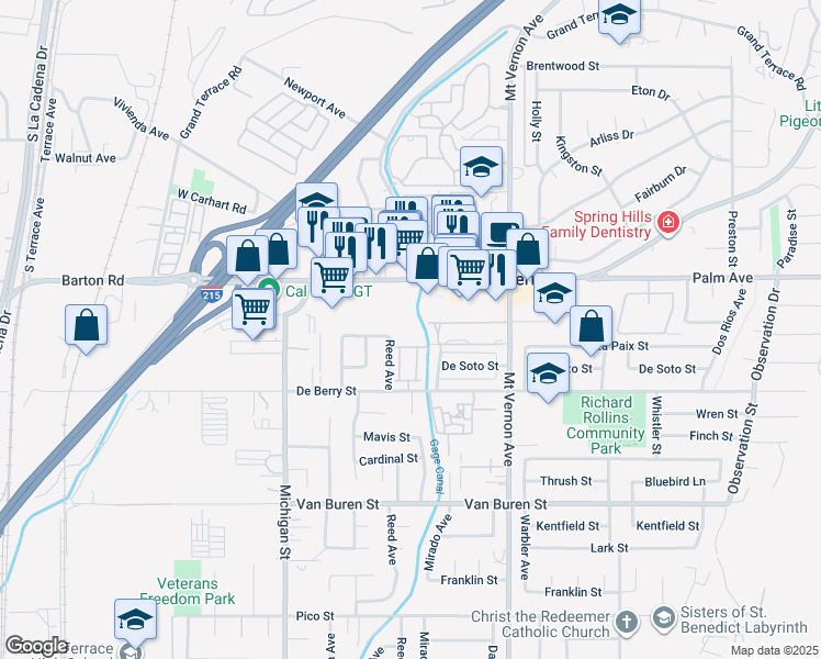 map of restaurants, bars, coffee shops, grocery stores, and more near 22350 Blue Lupine Circle in Grand Terrace