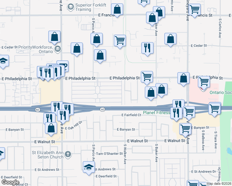 map of restaurants, bars, coffee shops, grocery stores, and more near 1456 East Philadelphia Street in Ontario