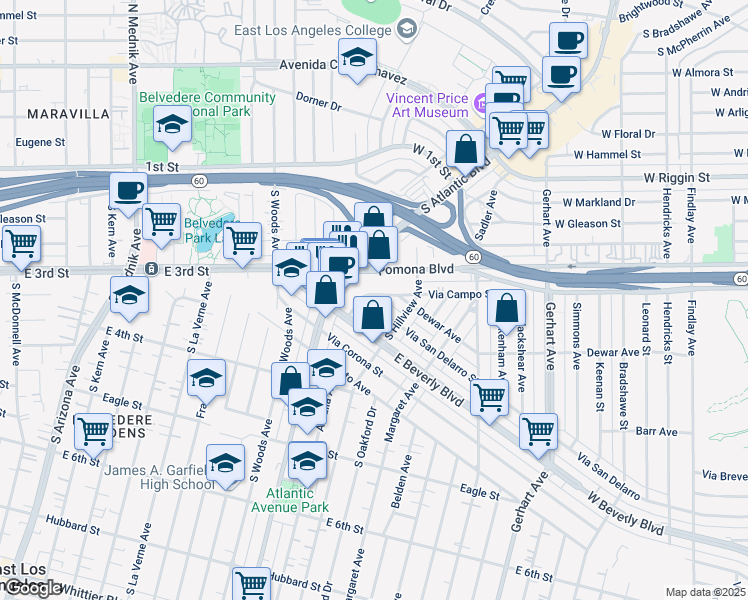 map of restaurants, bars, coffee shops, grocery stores, and more near 5240 Via San Delarro Street in East Los Angeles