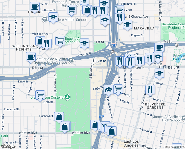 map of restaurants, bars, coffee shops, grocery stores, and more near 4334 Gratian Street in East Los Angeles