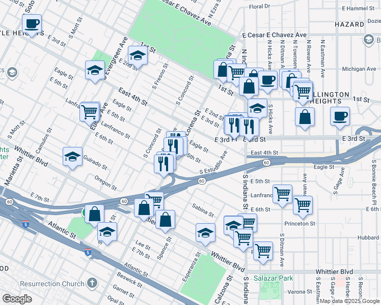 map of restaurants, bars, coffee shops, grocery stores, and more near 3433 East 5th Street in Los Angeles
