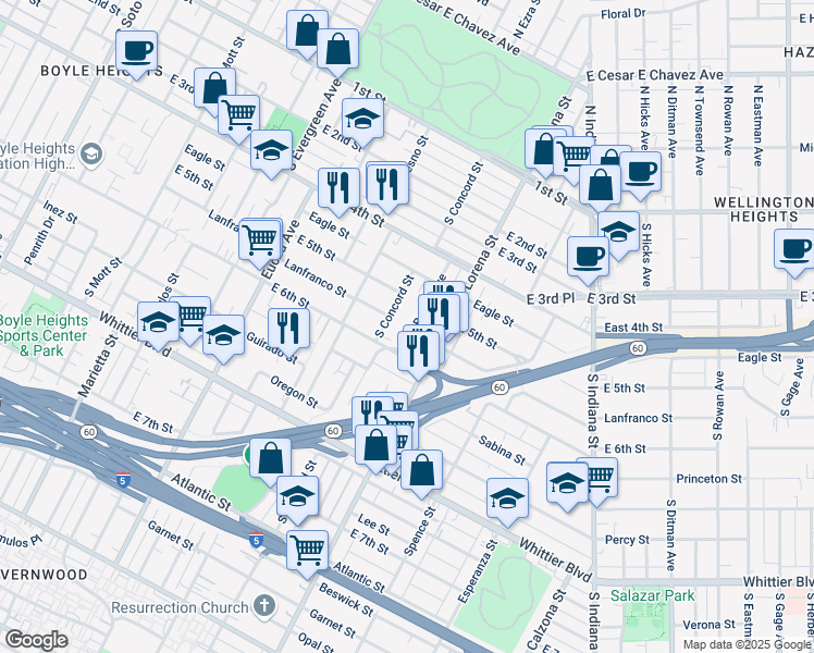 map of restaurants, bars, coffee shops, grocery stores, and more near 537 South Bernal Avenue in Los Angeles