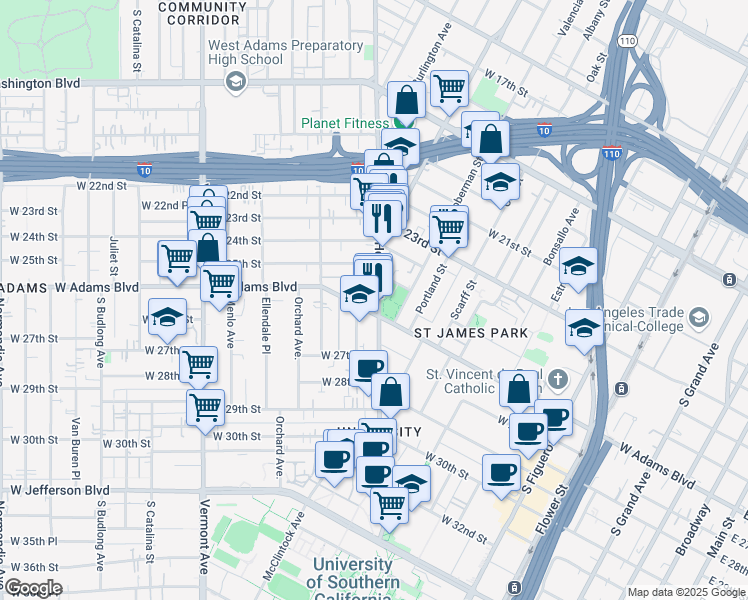 map of restaurants, bars, coffee shops, grocery stores, and more near 2595 South Hoover Street in Los Angeles