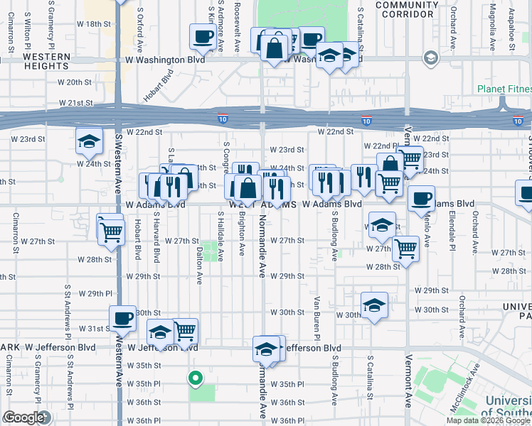 map of restaurants, bars, coffee shops, grocery stores, and more near in Los Angeles