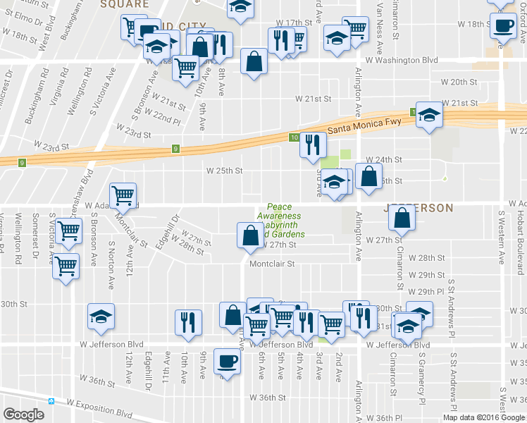 map of restaurants, bars, coffee shops, grocery stores, and more near 3500 West Adams Boulevard in Los Angeles