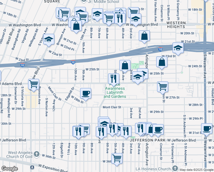 map of restaurants, bars, coffee shops, grocery stores, and more near 3500 West Adams Boulevard in Los Angeles