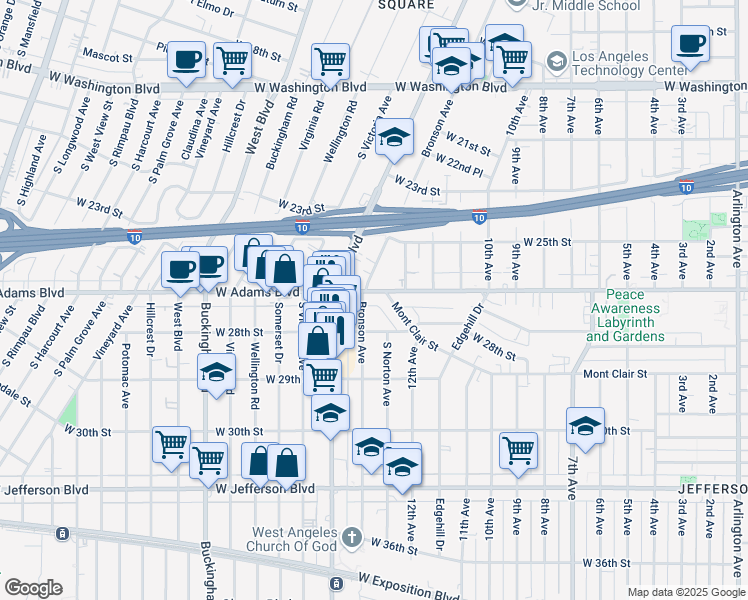 map of restaurants, bars, coffee shops, grocery stores, and more near 2616 South Bronson Avenue in Los Angeles
