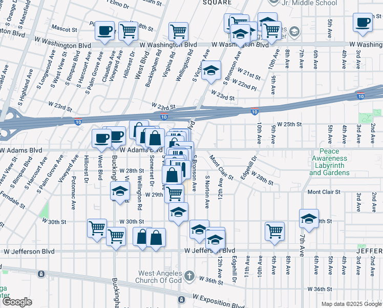 map of restaurants, bars, coffee shops, grocery stores, and more near 2616 South Bronson Avenue in Los Angeles