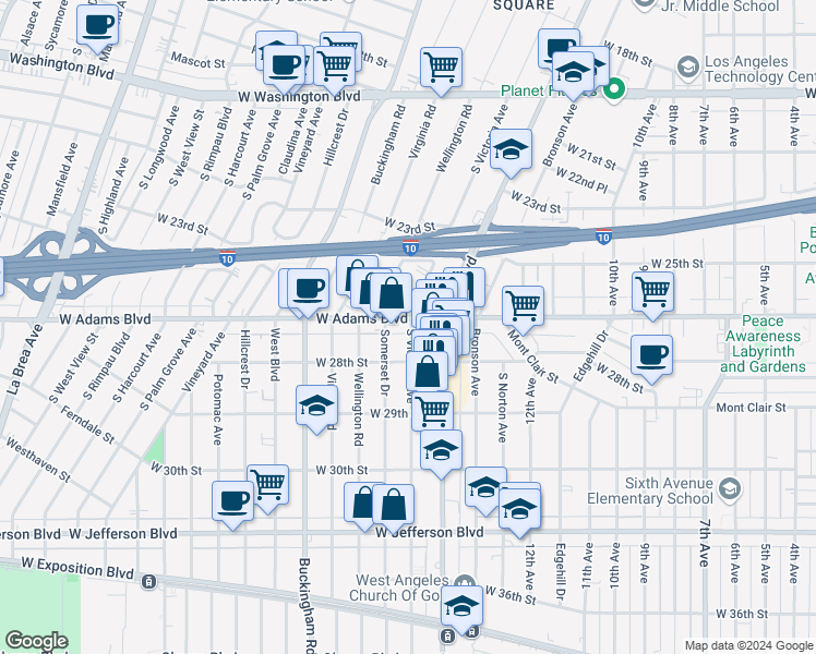 map of restaurants, bars, coffee shops, grocery stores, and more near 2623 South Victoria Avenue in Los Angeles