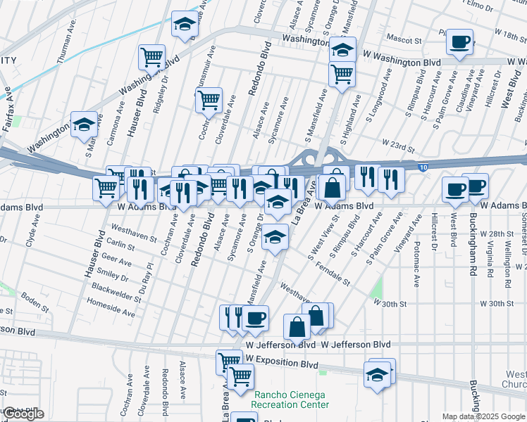 map of restaurants, bars, coffee shops, grocery stores, and more near 2610 South Orange Drive in Los Angeles