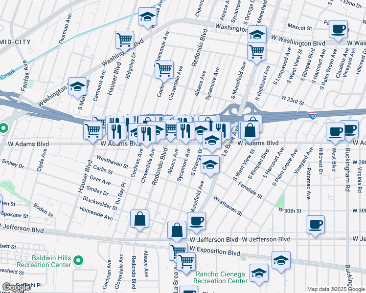 map of restaurants, bars, coffee shops, grocery stores, and more near 2605 South Sycamore Avenue in Los Angeles