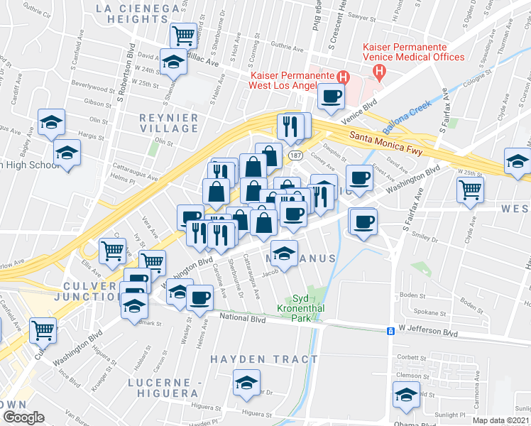 map of restaurants, bars, coffee shops, grocery stores, and more near 3219 McManus Avenue in Los Angeles