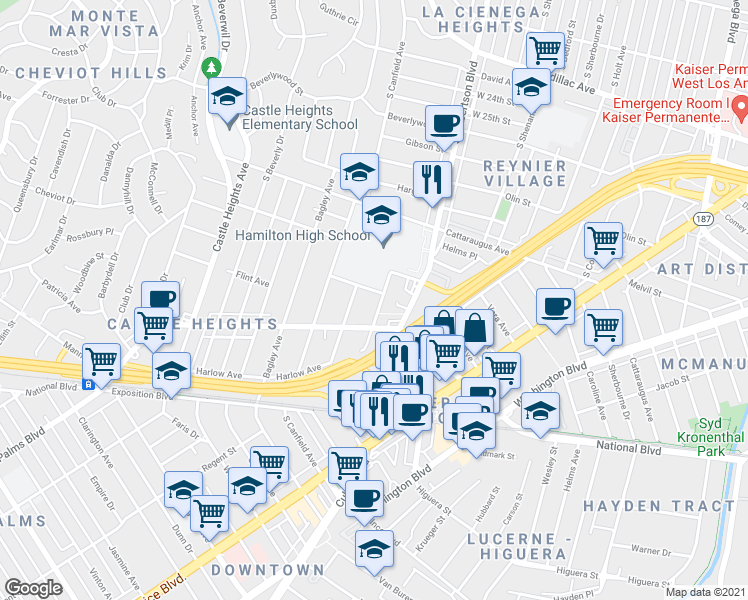 map of restaurants, bars, coffee shops, grocery stores, and more near 3119 Livonia Avenue in Los Angeles