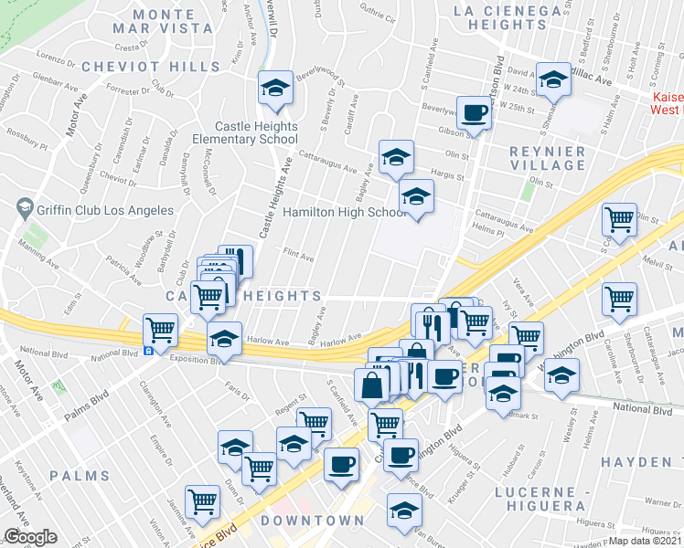 map of restaurants, bars, coffee shops, grocery stores, and more near 3206 Bagley Avenue in Los Angeles