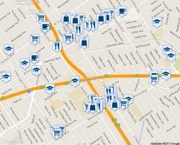 map of restaurants, bars, coffee shops, grocery stores, and more near 2625 South Sepulveda Boulevard in Los Angeles