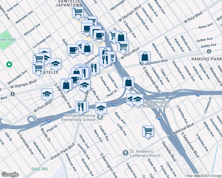 map of restaurants, bars, coffee shops, grocery stores, and more near 2498 Purdue Avenue in Los Angeles