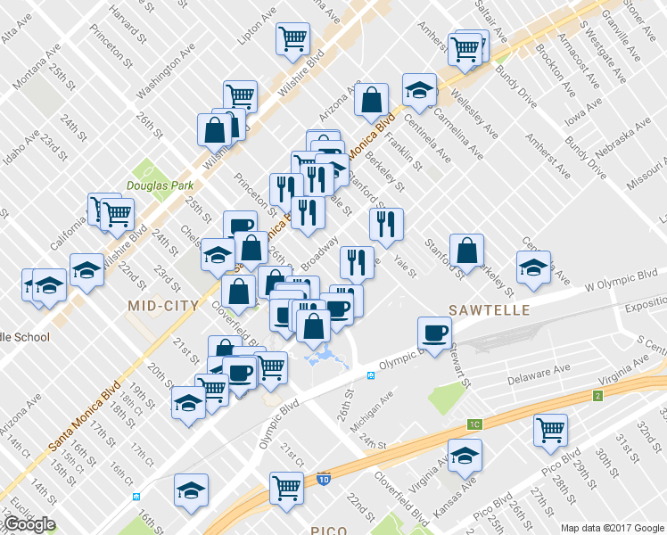 map of restaurants, bars, coffee shops, grocery stores, and more near 1524 Princeton Street in Santa Monica