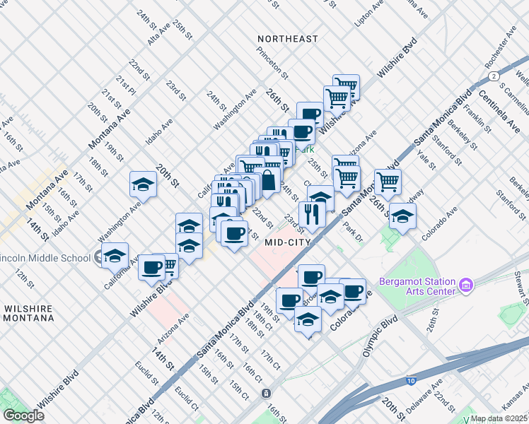 map of restaurants, bars, coffee shops, grocery stores, and more near 1233 22nd Street in Santa Monica
