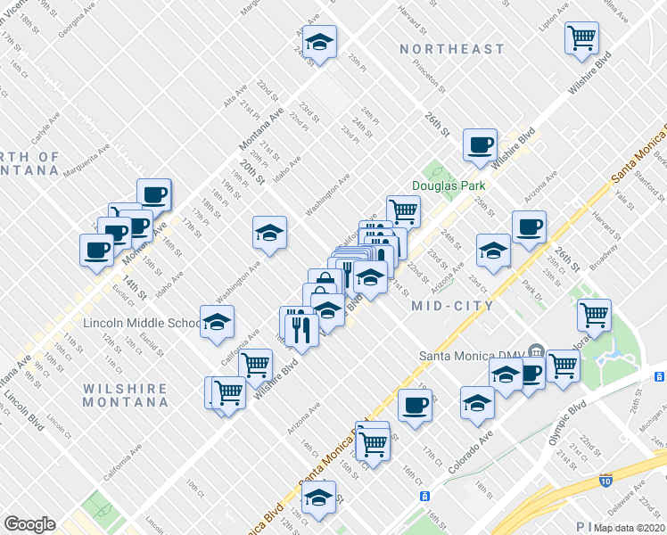 map of restaurants, bars, coffee shops, grocery stores, and more near 1107 19th Street in Santa Monica