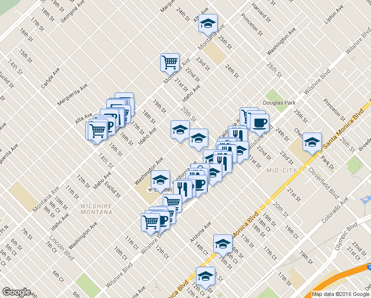 map of restaurants, bars, coffee shops, grocery stores, and more near 1014 18th Street in Santa Monica