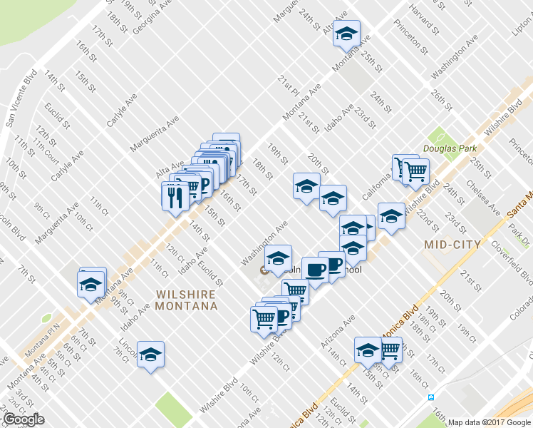 map of restaurants, bars, coffee shops, grocery stores, and more near 923 16th Street in Santa Monica