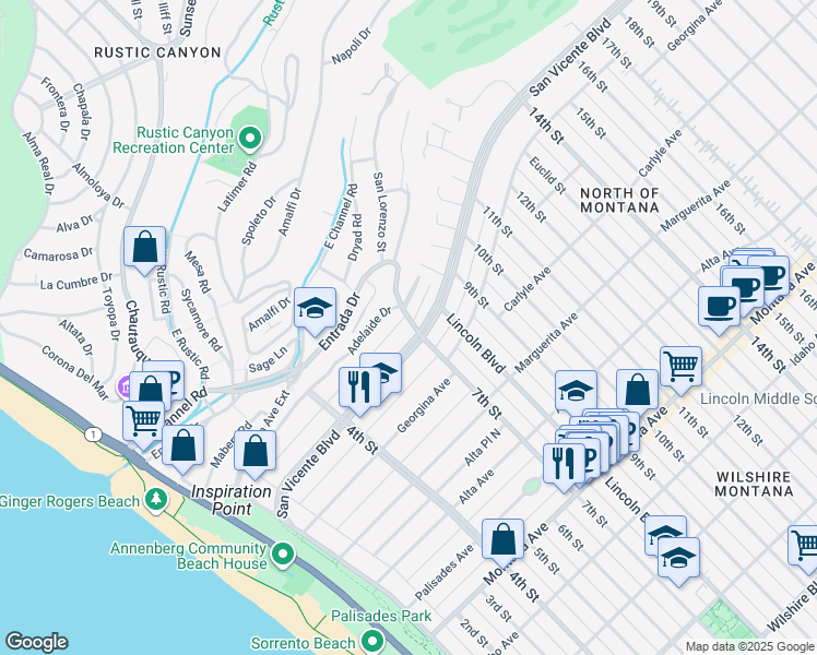 map of restaurants, bars, coffee shops, grocery stores, and more near 605 San Vicente Boulevard in Santa Monica