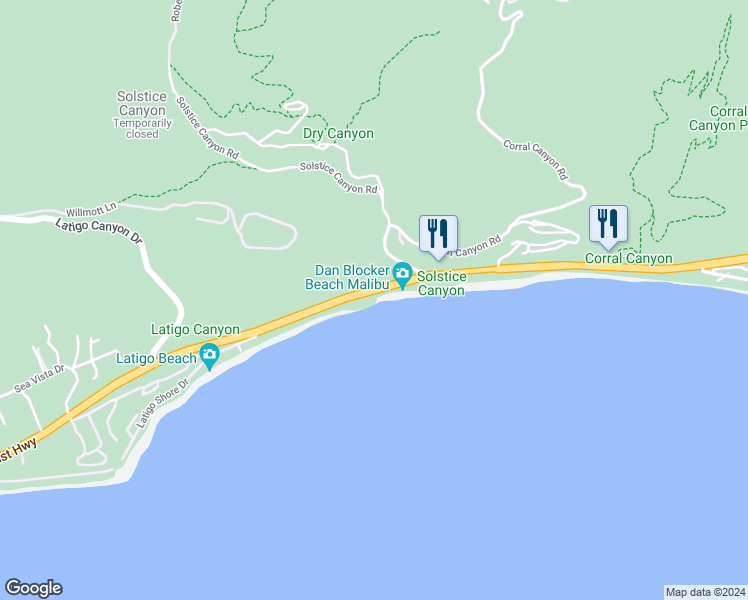 map of restaurants, bars, coffee shops, grocery stores, and more near 25560 Pacific Coast Highway in Malibu