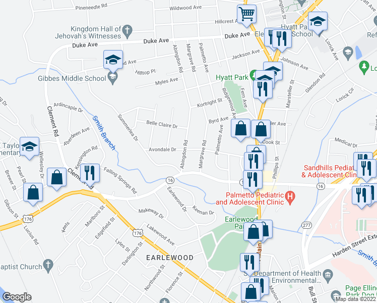 map of restaurants, bars, coffee shops, grocery stores, and more near 3318 Abingdon Road in Columbia