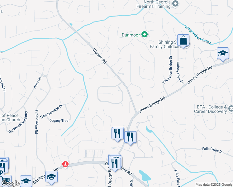 map of restaurants, bars, coffee shops, grocery stores, and more near 580 Olde Lauren Court in Alpharetta