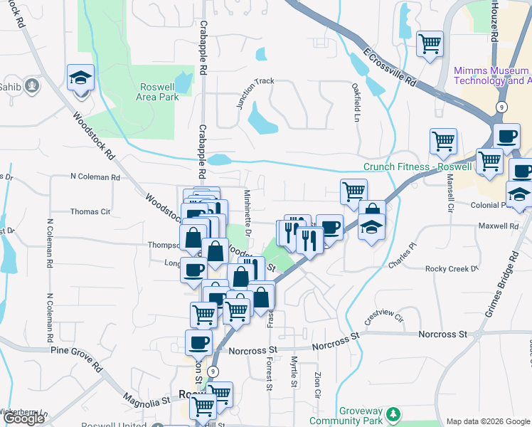 map of restaurants, bars, coffee shops, grocery stores, and more near 60 Tower Park Place in Roswell