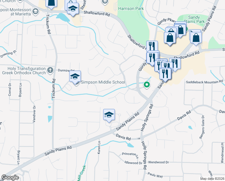 map of restaurants, bars, coffee shops, grocery stores, and more near 2780 Carillon Crossing in Marietta