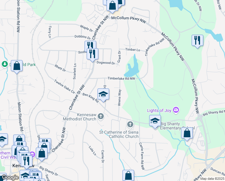 map of restaurants, bars, coffee shops, grocery stores, and more near 3040 Wax Wing Court Northwest in Kennesaw
