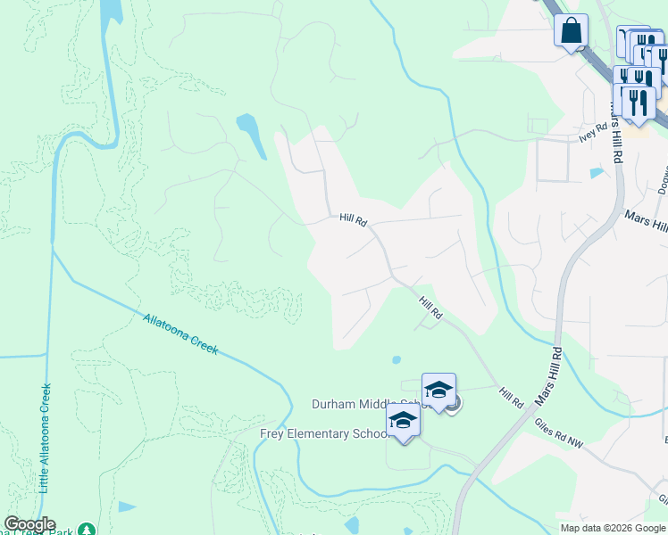 map of restaurants, bars, coffee shops, grocery stores, and more near 3245 Hobson Glen Lane in Acworth