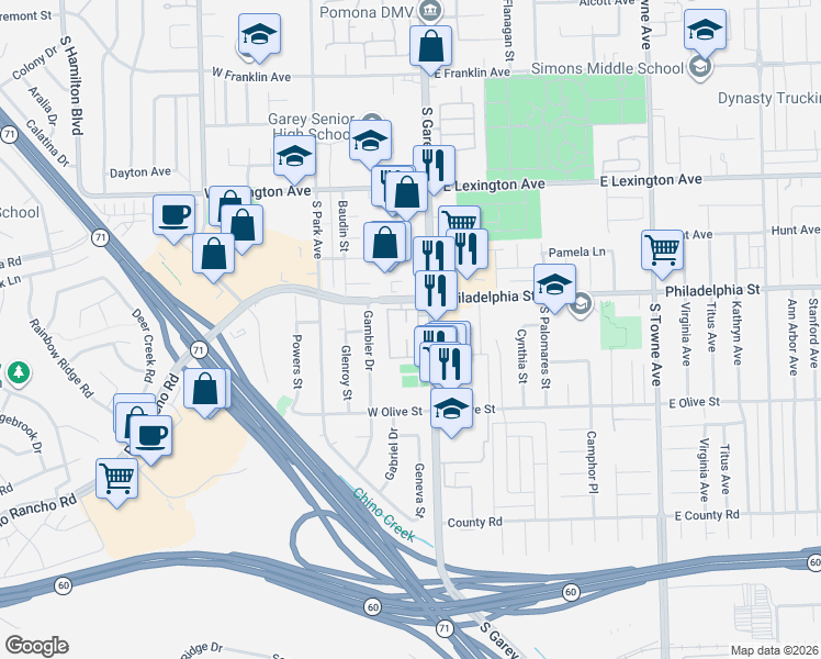 map of restaurants, bars, coffee shops, grocery stores, and more near in Pomona