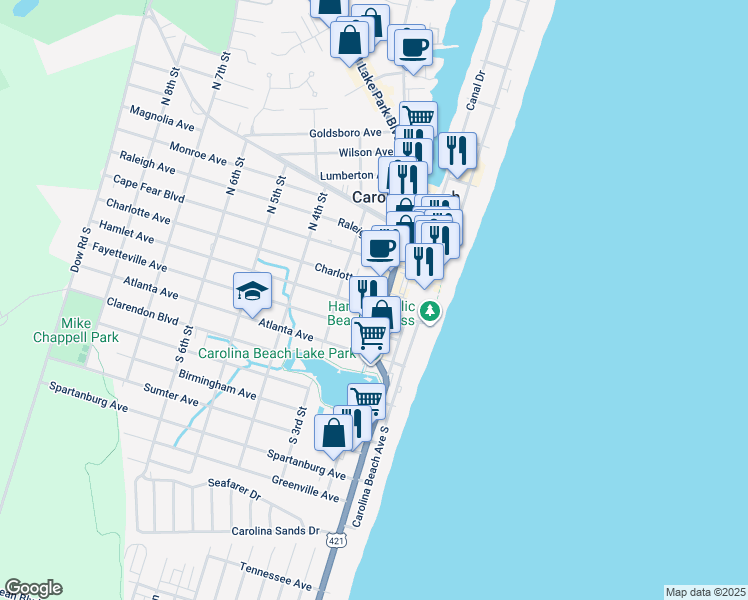 map of restaurants, bars, coffee shops, grocery stores, and more near 108 Lake Park Boulevard South in Carolina Beach