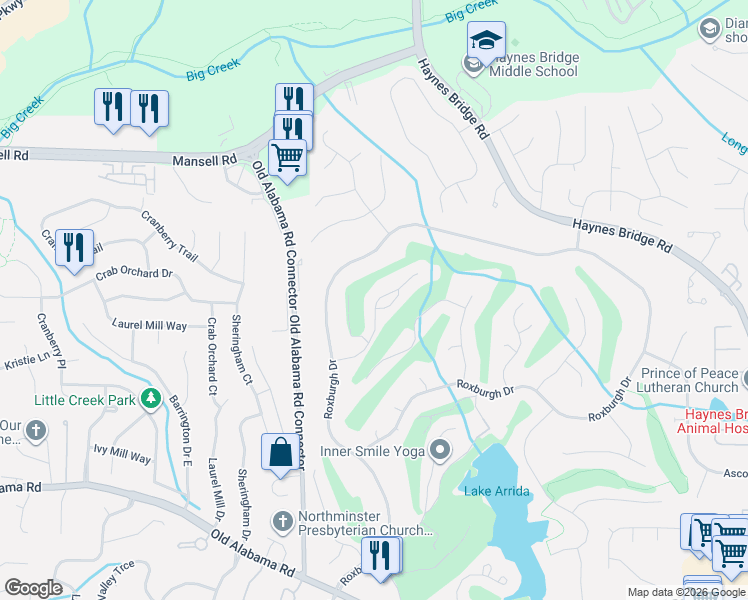 map of restaurants, bars, coffee shops, grocery stores, and more near 2556 Camden Glen Court in Roswell