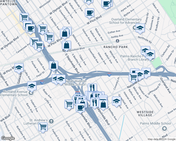 map of restaurants, bars, coffee shops, grocery stores, and more near 2657 Tilden Avenue in Los Angeles