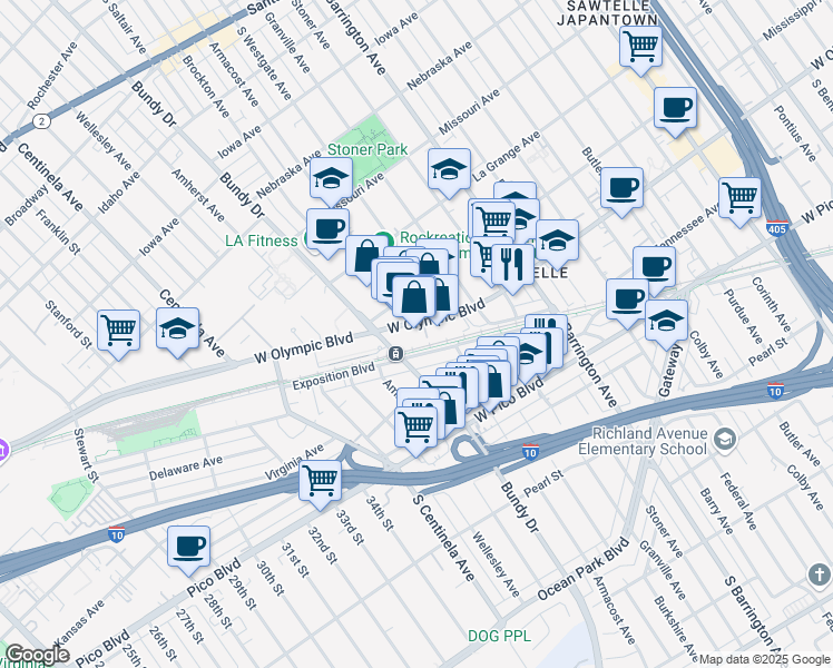 map of restaurants, bars, coffee shops, grocery stores, and more near 11900W West Olympic Boulevard in Los Angeles