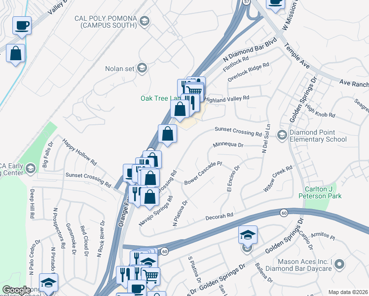 map of restaurants, bars, coffee shops, grocery stores, and more near 23653 Sunset Crossing Road in Diamond Bar