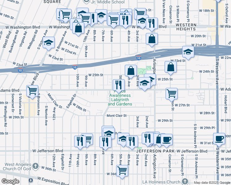 map of restaurants, bars, coffee shops, grocery stores, and more near 3528 West Adams Boulevard in Los Angeles