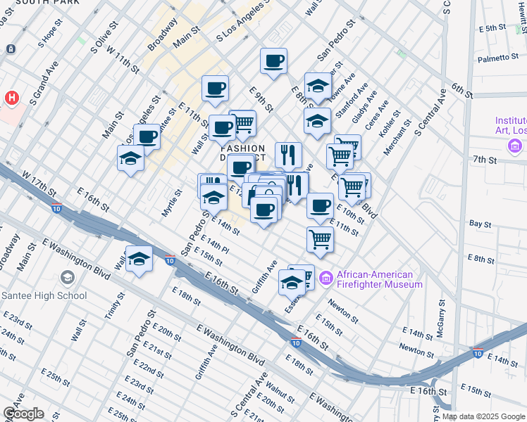 map of restaurants, bars, coffee shops, grocery stores, and more near 786 East 12th Street in Los Angeles
