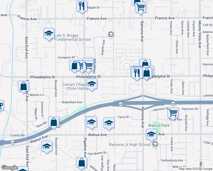 map of restaurants, bars, coffee shops, grocery stores, and more near 4252 Lombardy Street in Chino