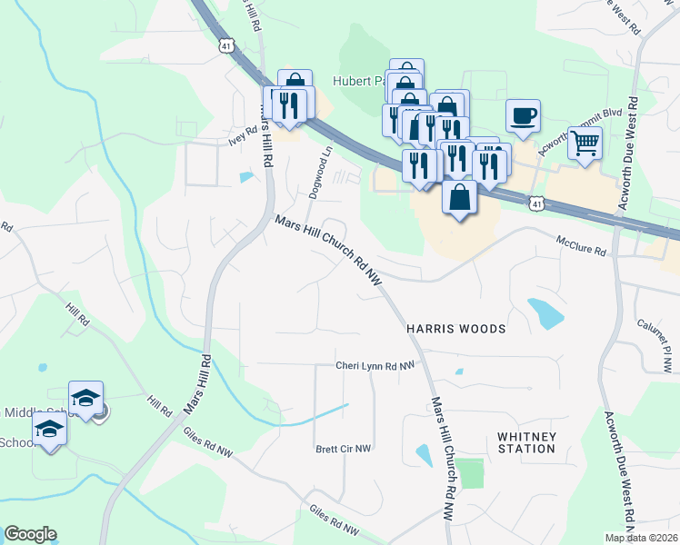 map of restaurants, bars, coffee shops, grocery stores, and more near 4797 Davenport Trce Northwest in Acworth