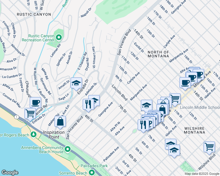map of restaurants, bars, coffee shops, grocery stores, and more near 720 San Vicente Boulevard in Santa Monica